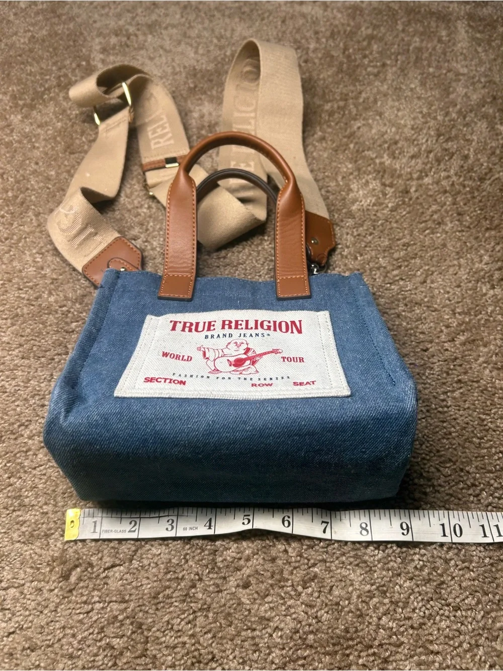True Religion Blue Denim Mini Messenger Bag with Brown Leather Handles